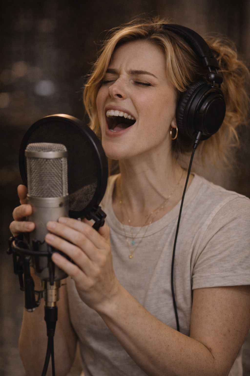 Eliza singing behind microphone